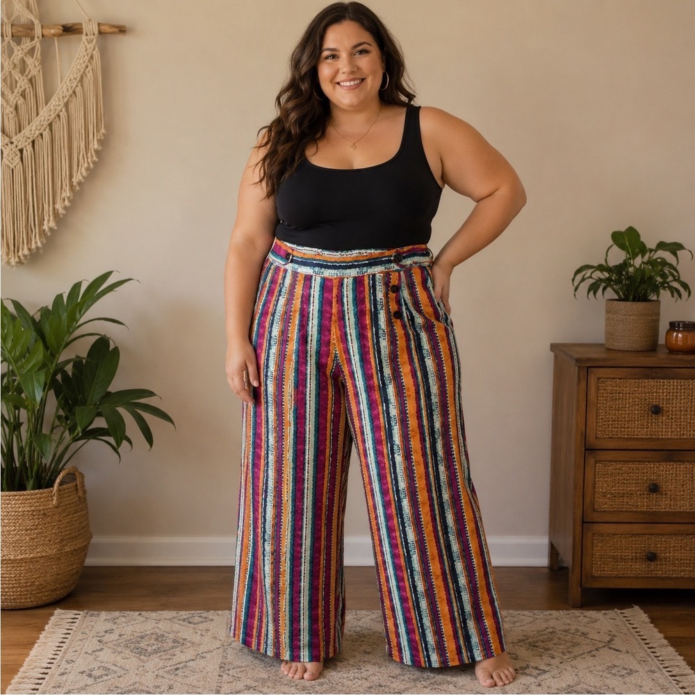 Robert Louis Womens 3X Wide Leg Sailor Pants Multi Color Striped Elastic Waist